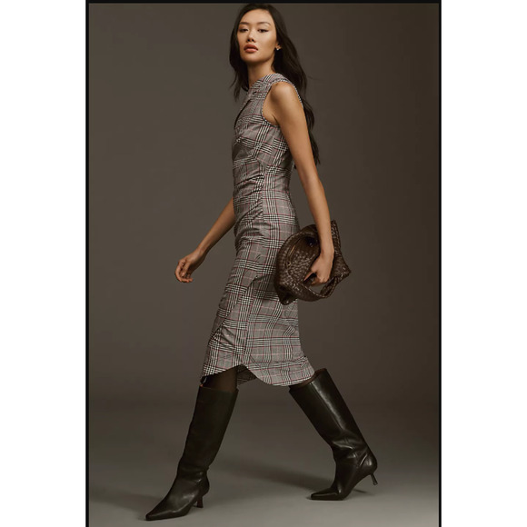 Maeve One Shoulder Dress Womens Size 10 Black Pink Plaid Asymmetric Side Slit - Picture 1 of 10